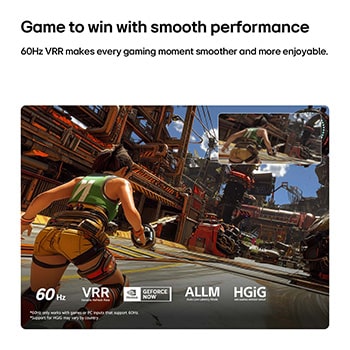 LG QNED AI QNED75 Mini LED for Ultimate Gameplay shows a fast-paced action game scene with a comparison inset highlighting smoother motion, while supporting up to 60Hz, VRR, ALLM, HGiG, and GeForce NOW.